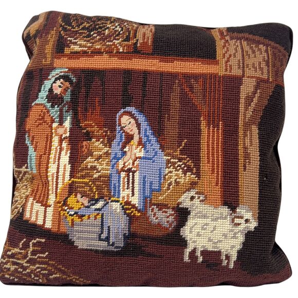 Vintage Needlepoint Christmas Throw Pillow Manager Scene Mary Joseph Jesus Lamb - Picture 1 of 8